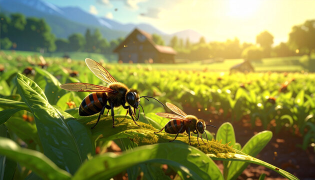 Honey bees on a leaf in a sunny rural farm landscape