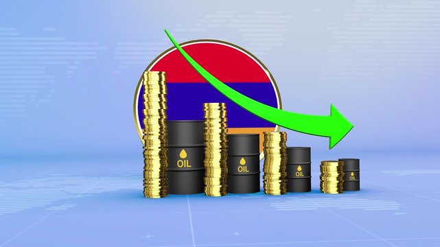 Armenia Oil Prices Decline with Oil Barrels, Gold Coins and Downward Green Arrow, 3D Economic and Financial Market Concept