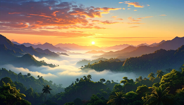 Golden Sunrise Over Misty Tropical Mountain Valley and Forest