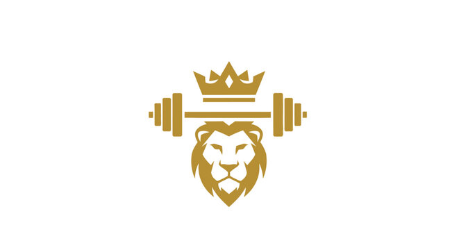 Golden king lion fitness logo with barbell weights.
