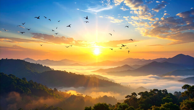 Morning sunrise over misty mountains with flying birds