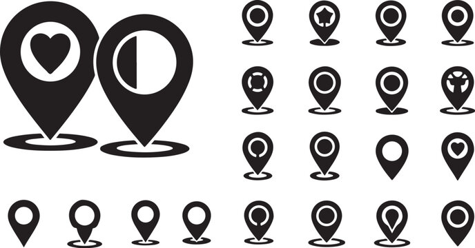 Map Pin Icons, Location Markers, Navigation Symbols, Black Vector Set