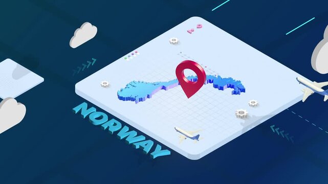 Isometric 3D Render of Norway Map with Red Location Pin Pointer and Floating Airplanes