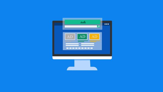 Flat-style animation of a desktop monitor with a browser window and search bar overlay