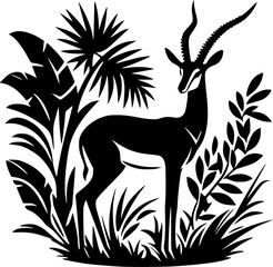 Silhouette vector illustration of a gazelle standing amidst tropical palm leaves and plants. © Diente