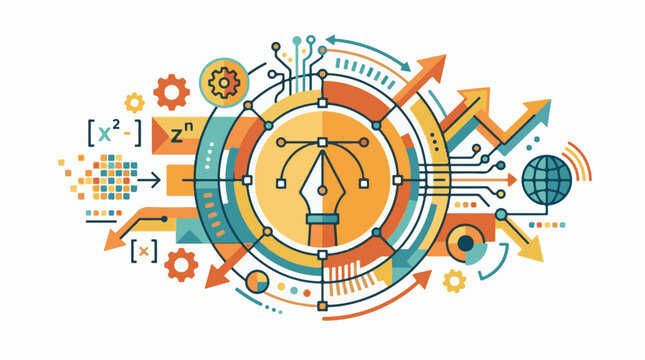 Abstract graphic with pen tool gears circuits arrows and globe