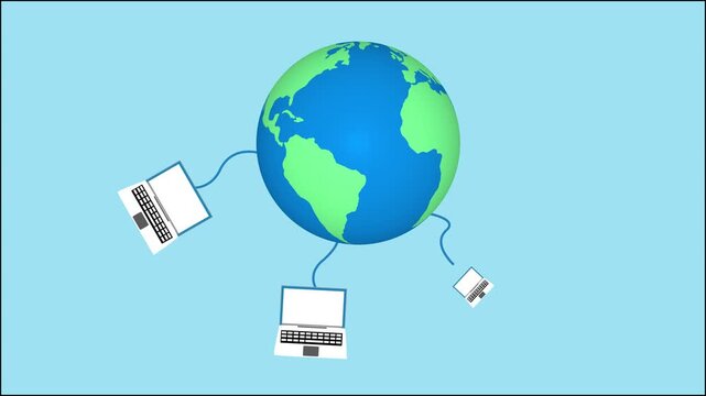Cartoon globe balloon tethered to a laptop on light animation