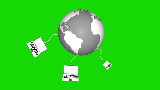 Cartoon globe balloon tethered to a laptop on light animation
