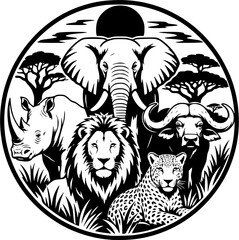 Circular black and white vector badge featuring African wildlife including an elephant, lion, rhinoceros, leopard, and buffalo. © Diente
