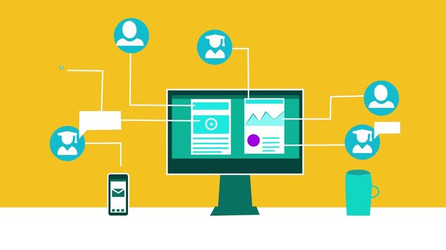 Flat-style animation of a desktop computer and mobile device on a desk, connected to user icons animation
