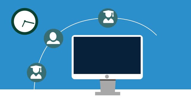 Flat-style animation of a desktop monitor with user and student icons