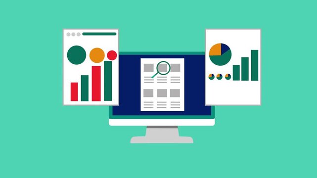 Flat animation of a desktop monitor displaying a webpage with two floating charts animation