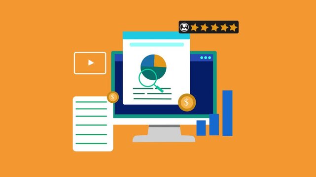 Flat-style animation of desktop computer with analytics dashboard charts coins documents video icon and five-star review