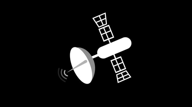 White satellite with dish and solar panels sending signal minimalist animation