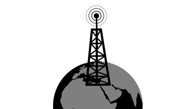 White radio tower transmitting signals atop a stylized planet animation