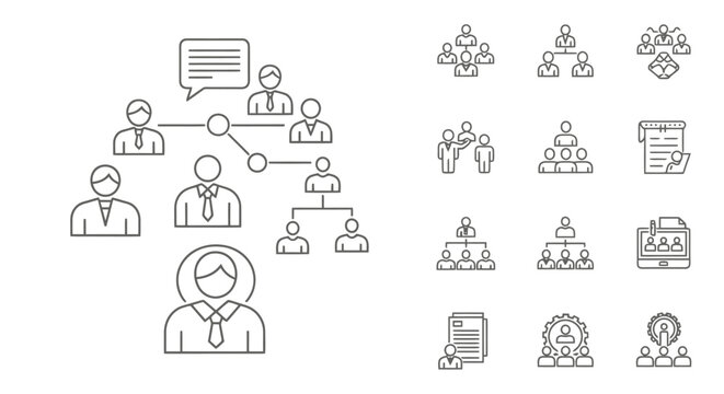 A comprehensive set of line art icons illustrating business organization, team structures, human resources, and management concepts, including charts and documents.