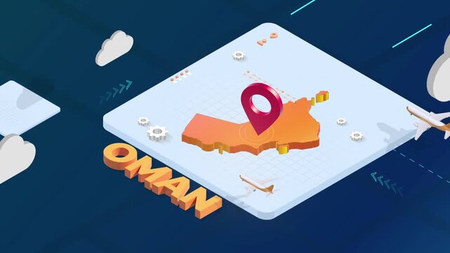 Isometric 3D Render of Oman Map with Red Location Pin Pointer and Floating Airplanes