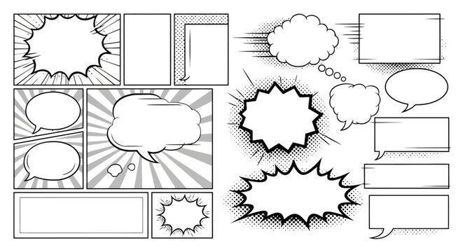 Collection of comic book panels, speech bubbles, thought bubbles, and sound effect elements with various styles and speed lines.