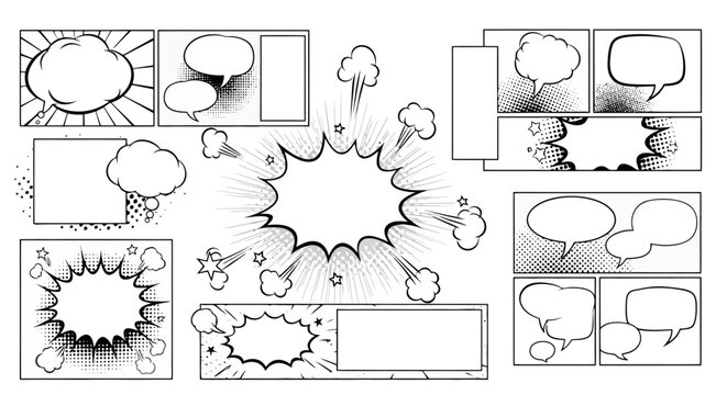 Collection of blank comic book panels, speech bubbles, thought clouds, and explosion effects in black and white, ready for text and illustration.
