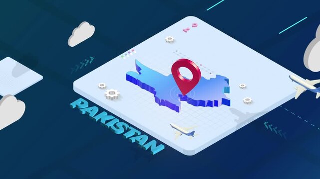 Isometric 3D Render of Pakistan Map with Red Location Pin Pointer and Floating Airplanes