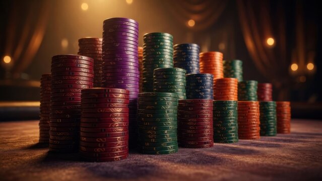 Casino Poker Chips Stacked on Felt Table Dramatic Lighting