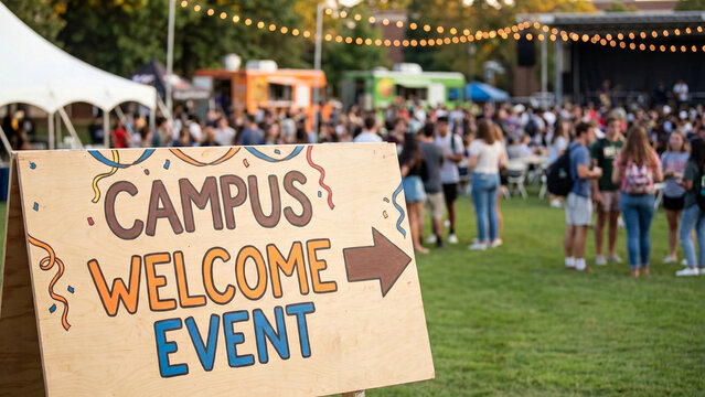 University campus welcome event for new student community engagement social integration outdoor gathering and college orientation celebration at academic institution