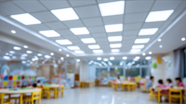 Medium shot of a classroom LED panel installation highlighting bright energyefficient lighting with blurred students and desks in the background.