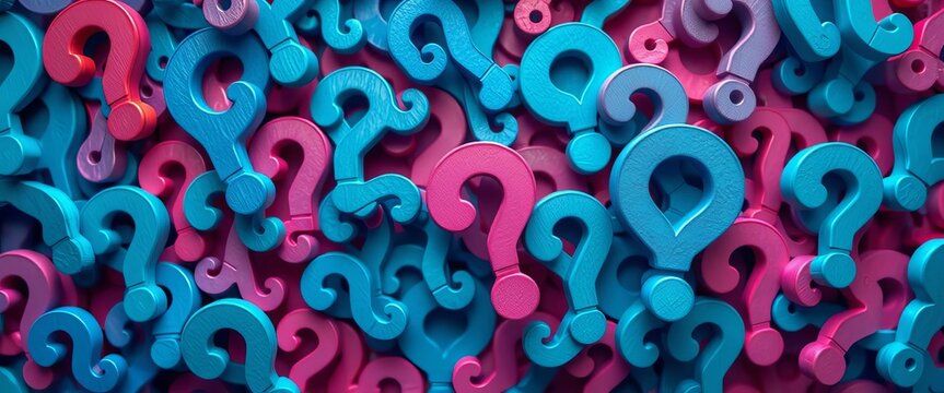 Intriguing background of overlapping question marks in various sizes and shades of blue, ambiguous, search
