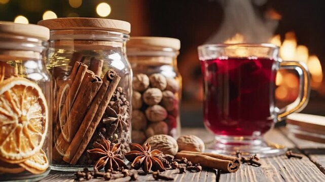 Spiced mulled wine with cinnamon sticks, star anise, and nuts arranged on a wooden table near a fireplace.