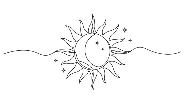 Celestial sun and moon one line drawing, mystical solar eclipse with stars vector, bohemian celestial line art for tattoo or logo design