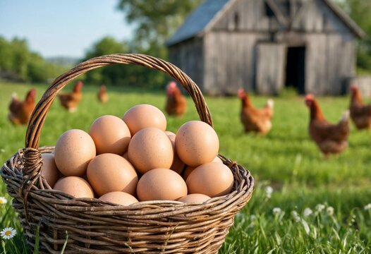 Fresh organic eggs collected in a rustic basket beside a hen house on a sunny farm, featuring free-range chickens and sustainable agriculture.