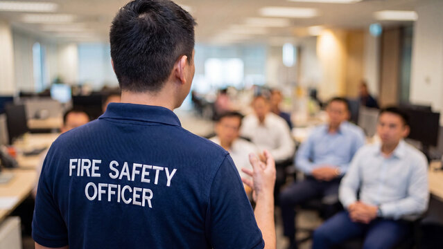 Fire safety officer workplace training session for employee emergency preparedness evacuation procedures and occupational safety compliance education in corporate office environment