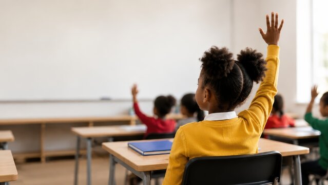 schoolgirl raising hand to answer teacher in bright classroom, back view of young black female student seated at desk with classmates during lesson, concept of education, childcare, school publishing