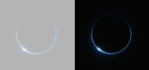 Blue neon ring on grey and black background, glowing solar eclipse lens flare circle split screen overlay © Maxim