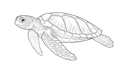 Sea turtle line art vector, hand drawn marine animal sketch, realistic green turtle outline for coloring book and nature education © Toqeer