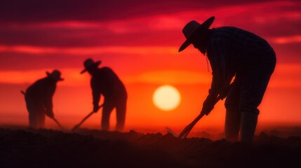 Fototapeta premium Silhouetted farmers working in a field at sunset, with vibrant colors painting the sky