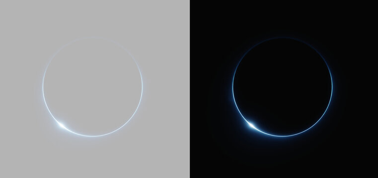Blue neon ring on grey and black background, glowing solar eclipse lens flare circle split screen overlay