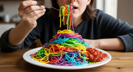 Obraz premium Vibrant Rainbow Spaghetti: A Playful and Colorful Culinary Experience