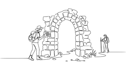 Fototapeta premium Hikers exploring ancient stone arch ruin, one examining inscription, single line drawing