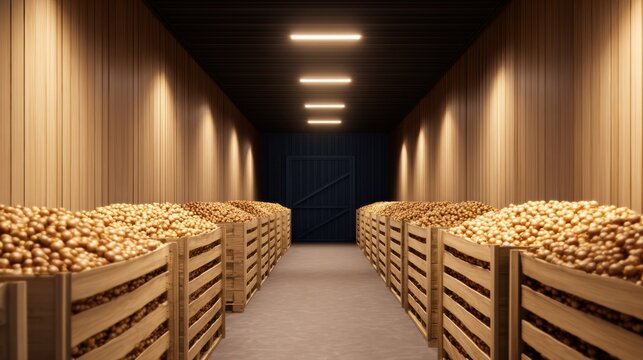 A dimly lit storage space with wooden crates filled with onions lining the walls