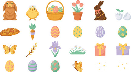 Fototapeta premium Cute Easter Element Vector Icon Set with Bunny, Chick, Basket, Painted Eggs, Spring Flowers, and Holiday Gifts for Festive Graphic Designs