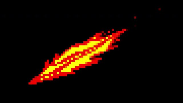 Abstract pixel art fire animation on a black background.