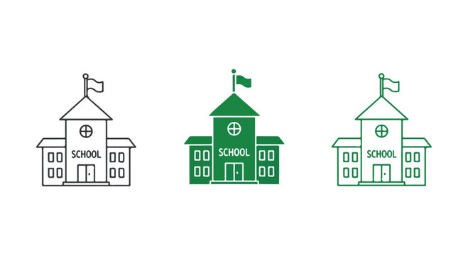School Icon Collection: A set of three school building icons, showcasing different styles and colors, representing educational institutions and learning environments.