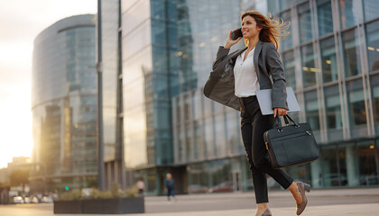 Fototapeta premium Woman in business attire walking outdoors in a city, carrying a black tote bag and a coffee cup