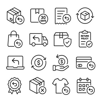 E-commerce Return Icons: A collection of clean, modern icons illustrating various aspects of product returns and exchanges in online shopping, including shipping, payment, and policy.