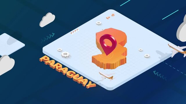 Isometric 3D Render of Paraguay Map with Red Location Pin Pointer and Floating Airplanes