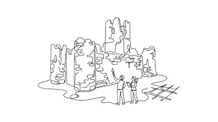Fototapeta premium Archaeologists examining ancient castle ruins, one point to tower, line art illustration.