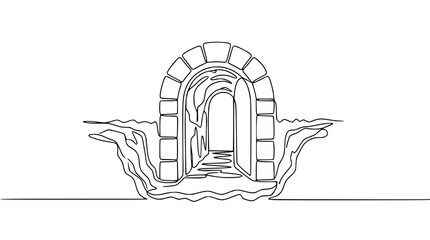 Fototapeta premium Stone Archway Entrance to Mysterious Tunnel, Continuous Line Drawing