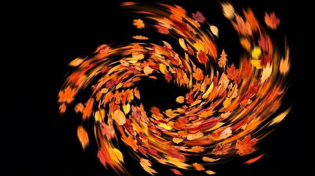 Vibrant autumn leaves swirling dynamically in a spiral pattern on black.