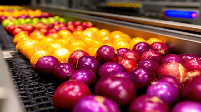 A vibrant array of citrus and purple vegetables, arranged neatly on industrial sorting equipment
